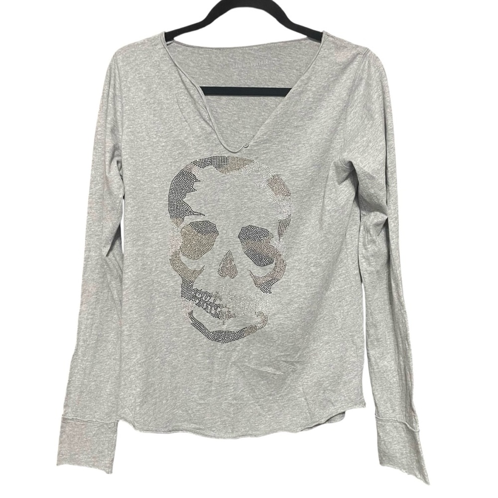 Zadig & Voltaire Rhinestone Scull Long Sleeve Henley Tee‎ Grey Size S/M